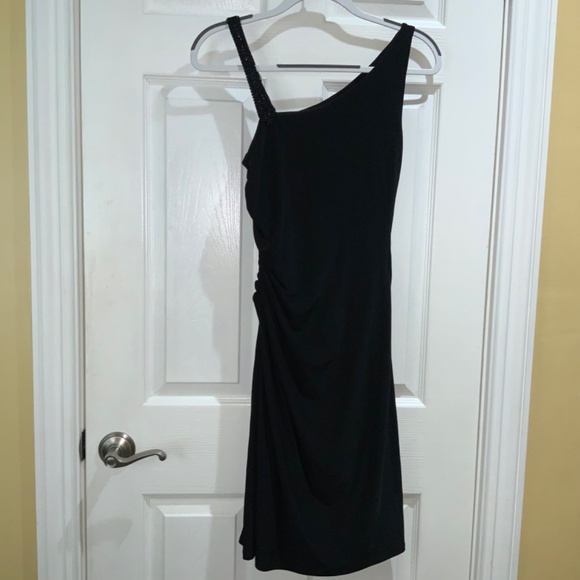 Lauren Ralph Lauren Evening black beaded Bodycon dress Sz 6 asymmetrical straps - Picture 3 of 6